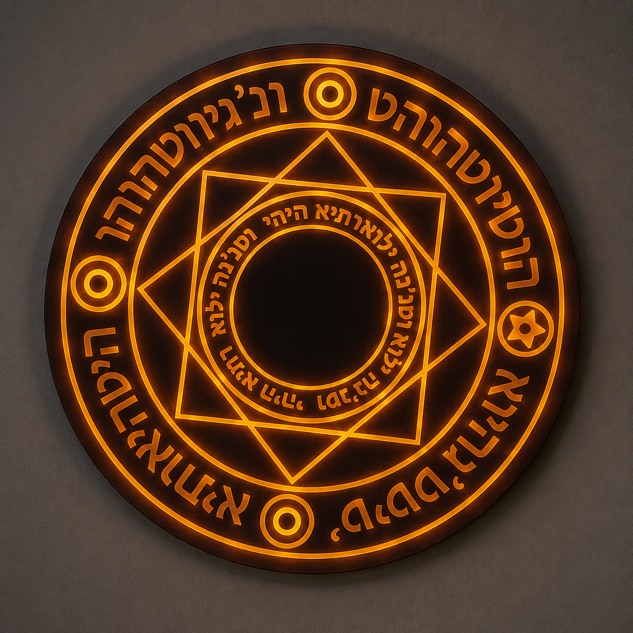 MYSTARA™ Arc Charger charging pad close-up showing the glowing orange mystical ring and arcane symbols