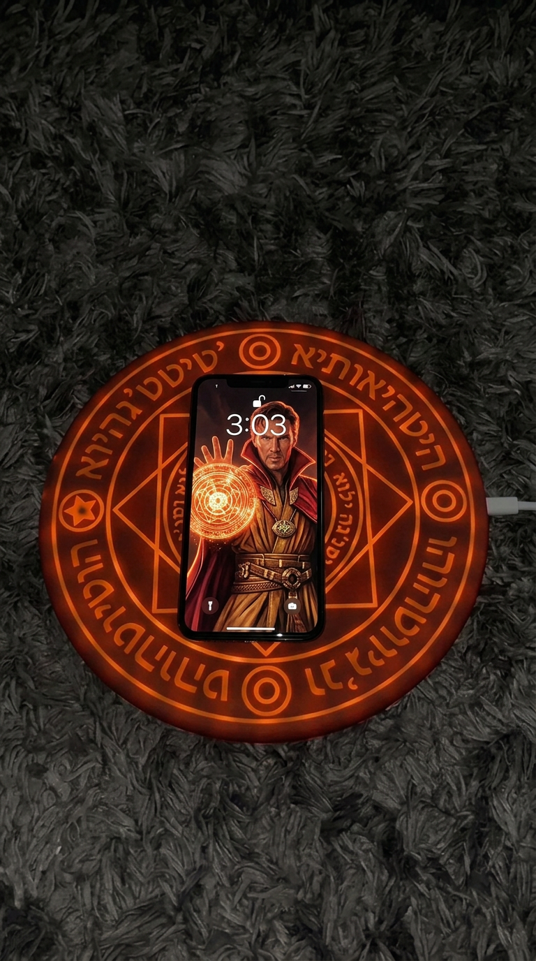 MYSTARA™ Arc Charger glowing on a dark textured carpet with a phone resting vertically in the centre
