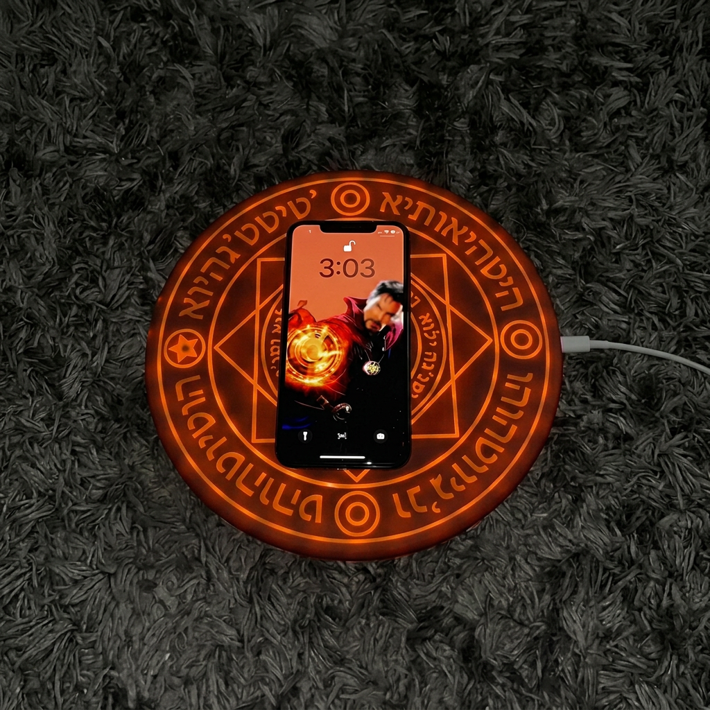 Phone screen lit up on the fully illuminated MYSTARA arcane charging pad