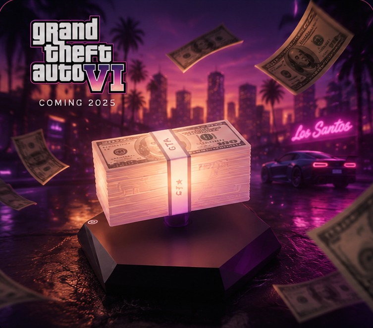 Glow District money stack LED lamp glowing pink in a neon city scene