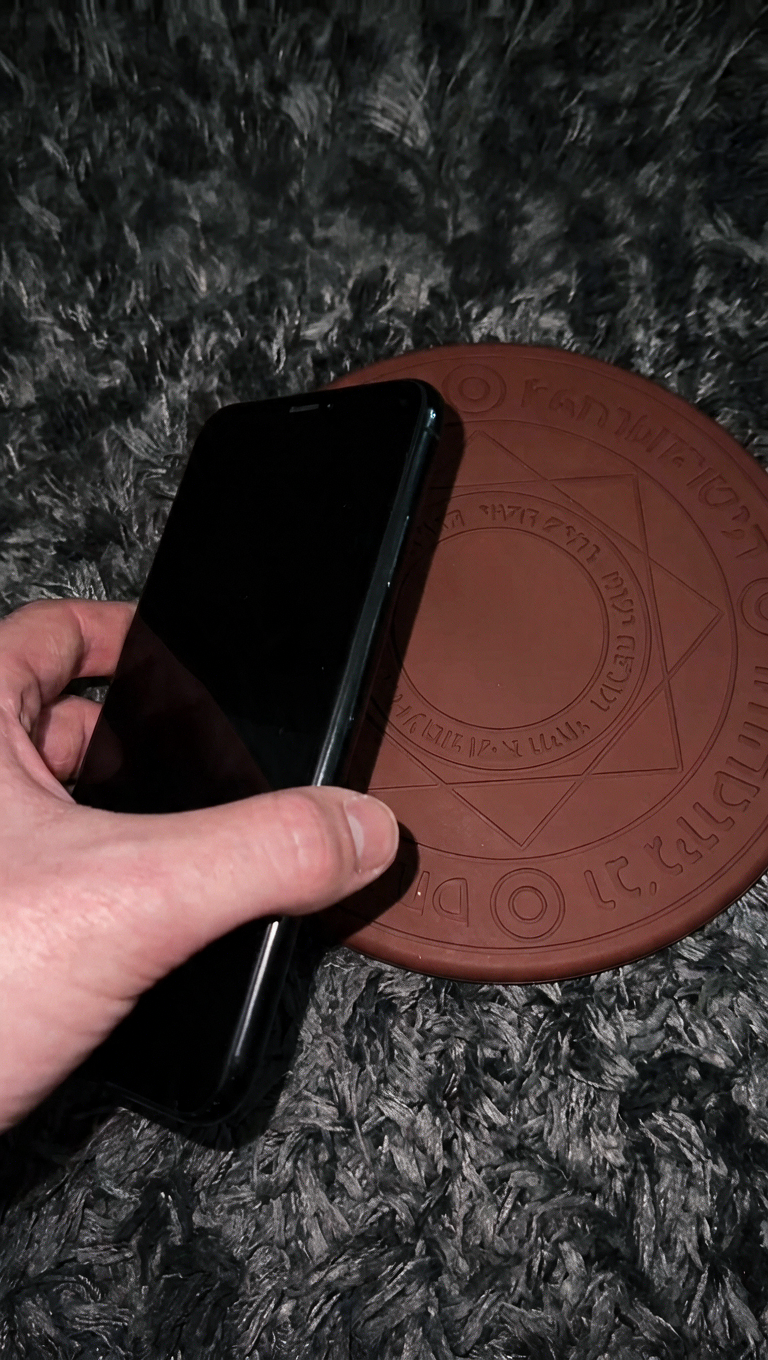 A hand placing a phone onto the center of the MYSTARA charging pad