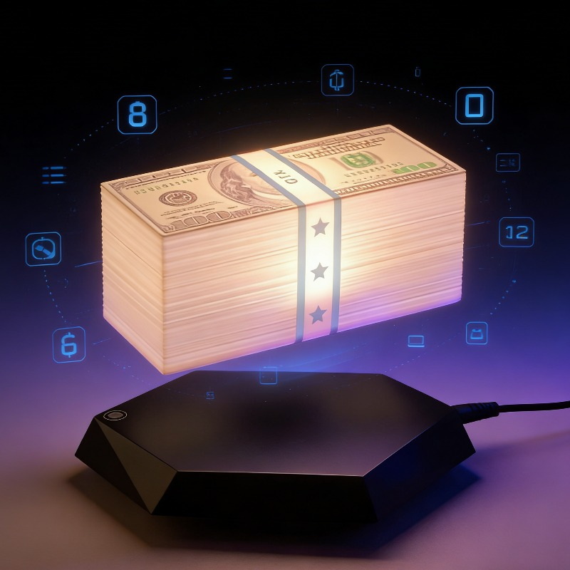 Glow District money stack lamp levitating above its hexagonal base with a blue and purple glow