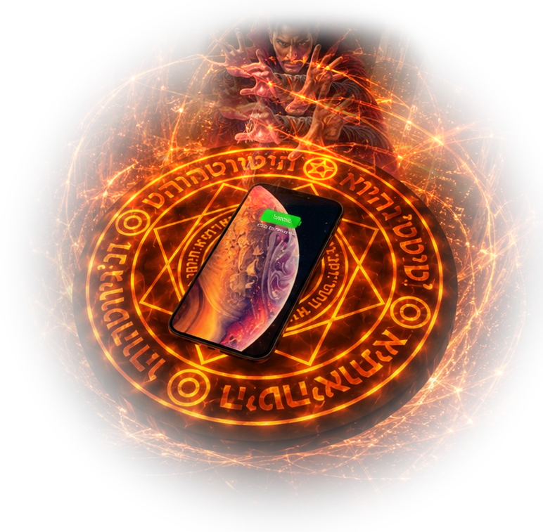 A mystical sorcerer summoning energy behind the glowing MYSTARA Arc Charger with a phone charging on it