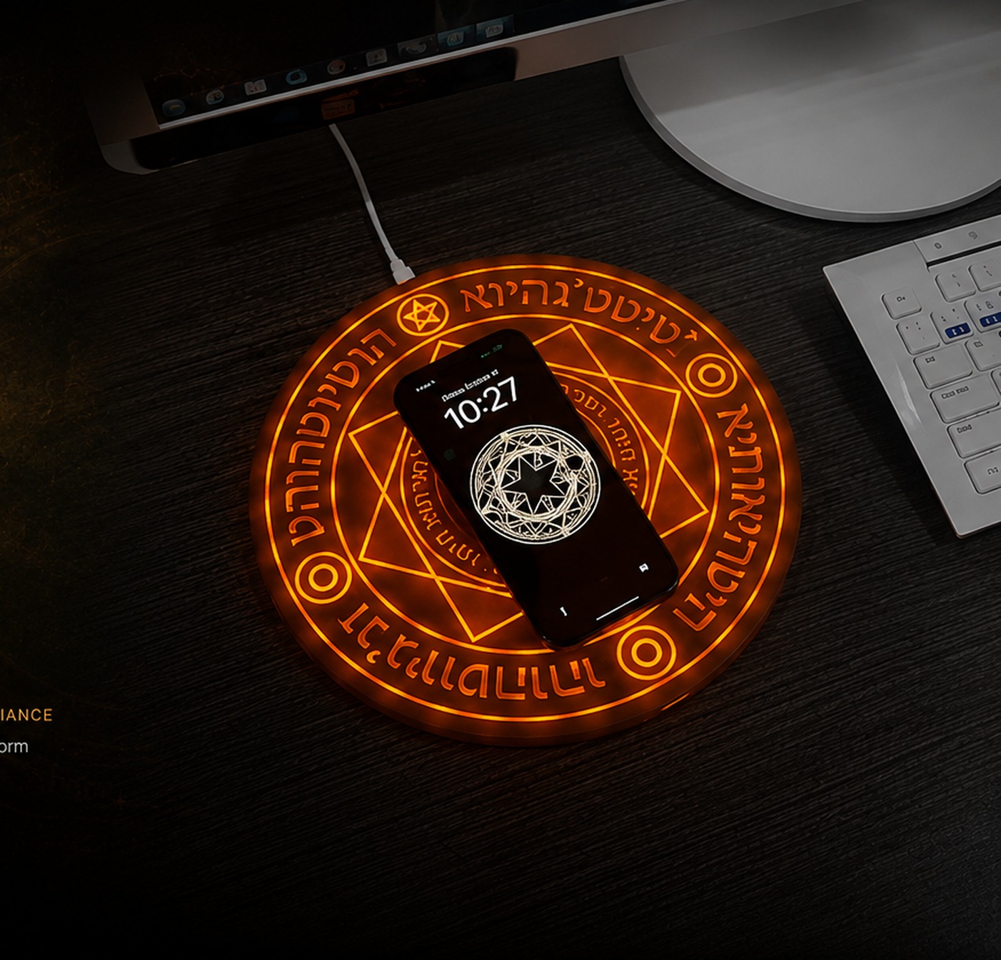 The MYSTARA Arc Charger glowing amber on a dark desk beside a monitor and keyboard, charging a phone